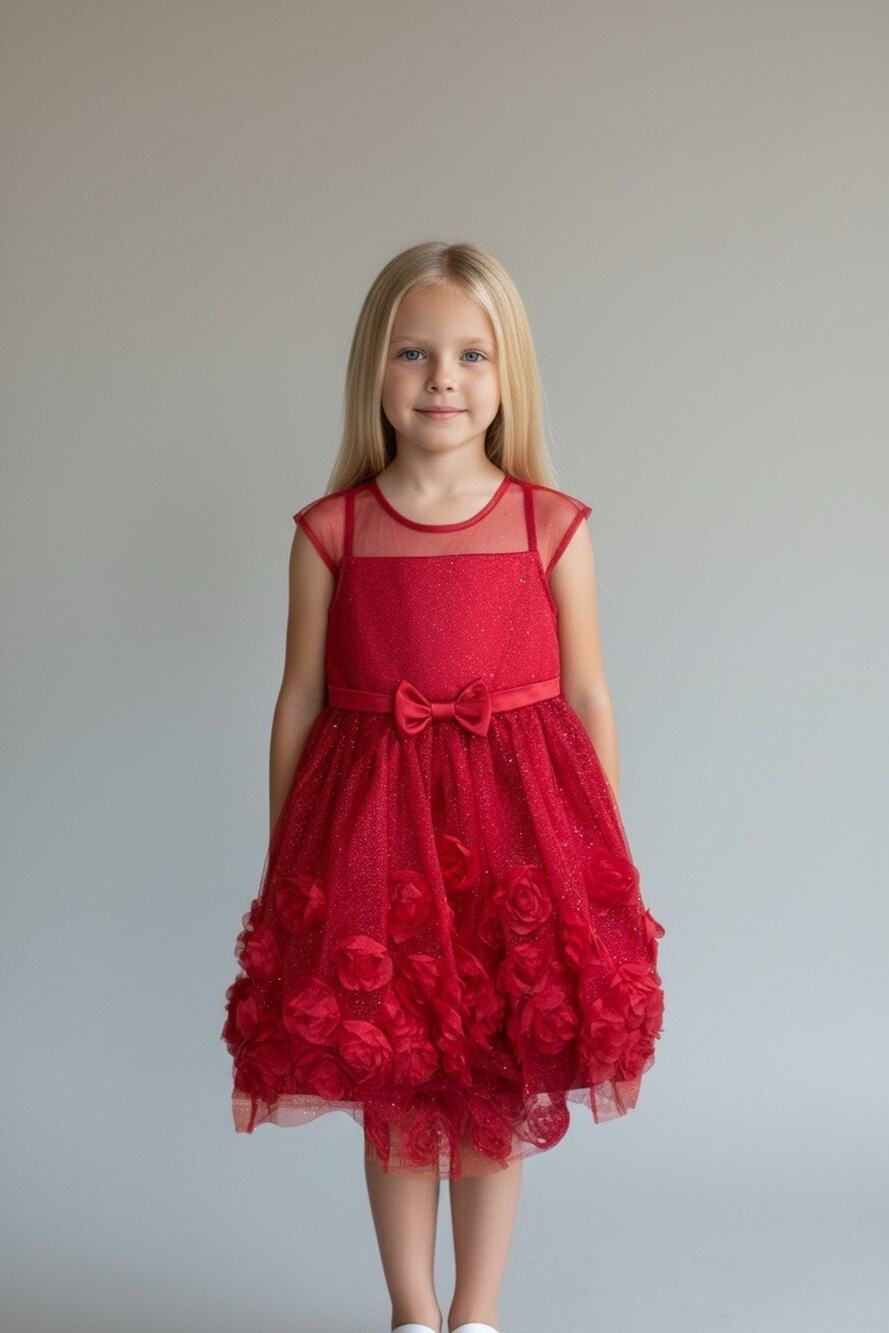 Kensie Girl Red Floral Fit & Flare Tulle Mesh Dress with Bow Accents Size 6